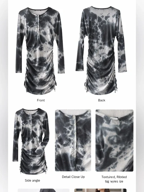 Tie Dye Henley Mini Dress Ruched Ribbed Thermal Top Bodycon Tunic Boho Festival - Picture 4 of 13